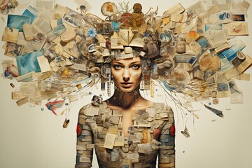 Woman with multimedia collage in face and hair. Creative image for blogs and newspapers