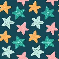 Fototapeta na wymiar Marina seamless pattern with starfish on blue background