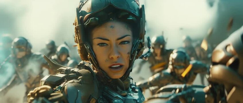 Futuristic war concept. Portrait of female military in futuristic outfit fighting during battle scene, Battle in ruined city. Selective focus. High quality 4k footage