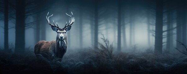 Red deer stag in the misty night forest. Noble deer male. Banner with beautiful animal in the nature habitat. Wildlife scene from the wild nature landscape. Dark blue background
