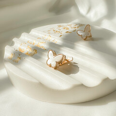 Sweet Alhambra butterfly earrings on plaster figure, 14K pink gold, white mother-of-pearl. Fine...