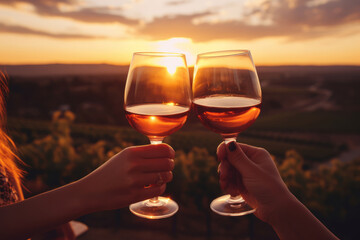 Generative AI Two women's hands hold glasses of pink grape wine against the background of vineyards at sunset in summer. The girlfriends met in nature. - obrazy, fototapety, plakaty