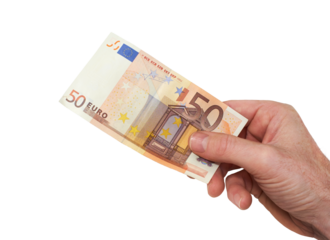 A hand holding, paying or giving a European 100 Euro banknote, paper currency money, isolated against a transparent background.