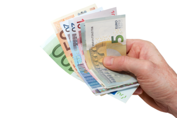 A hand holding, giving or paying in European Euros in 5, 10, 20, 50 and 100 banknotes, paper currency money, isolated against a transparent background.