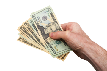 A hand holding, giving or paying American dollars in 10 and 20 banknotes, paper currency, isolated against a transparent background.