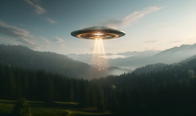 ufo with elevate beam in forest, ai generative - obrazy, fototapety, plakaty