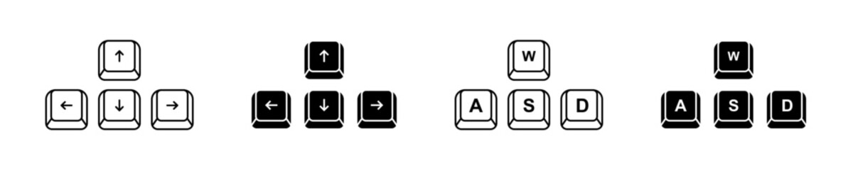 Keyboard button icon set. Arrow key keyboard. Button arrow and WASD set icon. Vector illustration.