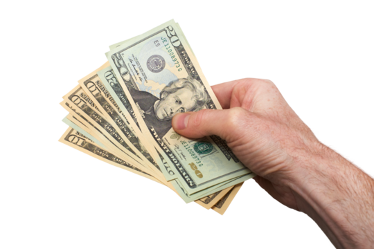 A hand holding, giving or paying American dollars in 10 and 20 banknotes, paper currency, isolated against a transparent background.