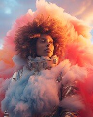 In a surreal dreamscape, a person wearing a neon-colored astronaut suit and puffy jacket stands in an outdoor environment, surrounded by billowing clouds of smoke and air, sense of freedom and wonder