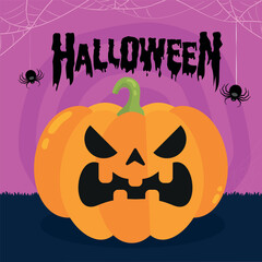 Orange Halloween pumpkin with colorful illustrated background. day of the dead festival. vector illustration. EPS