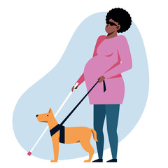 A vector image of a pregnant unseeing woman with a guide-dog. - 653757331