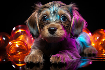 Cute astro dog in neon rainbow color lights over black background made with AI