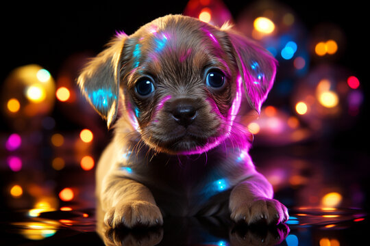 Cute astro dog in neon rainbow color lights over black background made with AI - Powered by Adobe