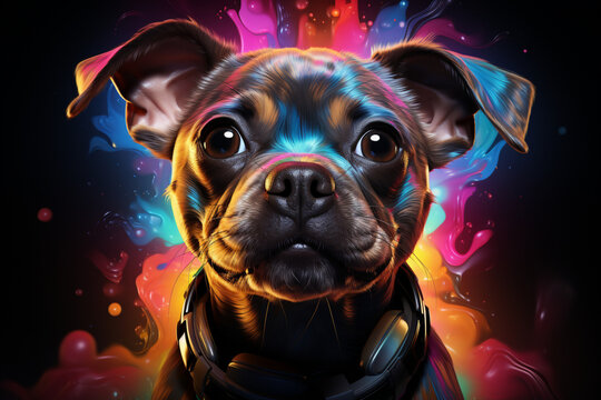 Cute astro dog in neon rainbow color lights over black background made with AI - Powered by Adobe