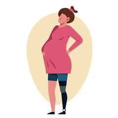 A pregnant woman with a leg prosthetics. A pregnant amputee vector image. - 653757532