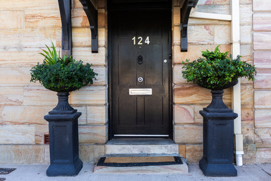 Green plants in pots outside black doorway in old style building