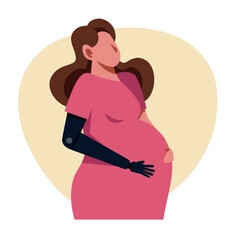 A pregnant woman with an arm prosthetics. A pregnant amputee vector image. - 653757769