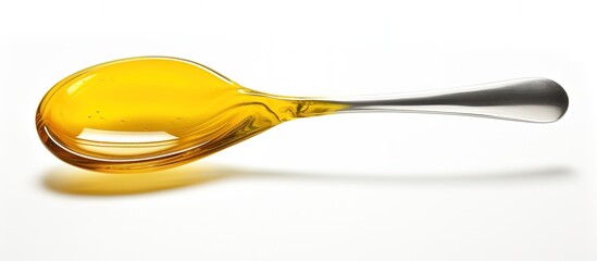 Transfer of cooking oil from plastic bottle to spoon on white background