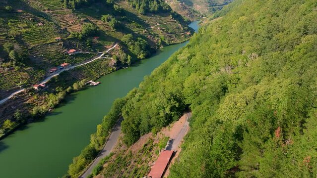 Belesar Village With Terraces In Ribeira Sacra, Lugo, Galicia, Spain. Aerial Drone Shot
