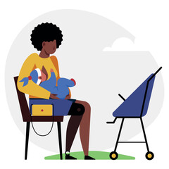 A black woman with a prosthetics feeding her baby with her breast. An amputee vector image. - 653758323