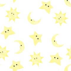 Fototapeta na wymiar Cute sun, star and moon watercolor seamless pattern for children, print, background, wallpaper