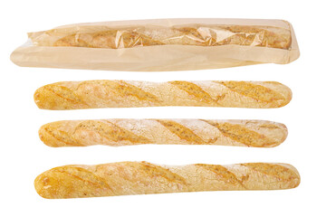 French baguette isolated on transparent background png. baguette in a package (paper bag) - obrazy, fototapety, plakaty