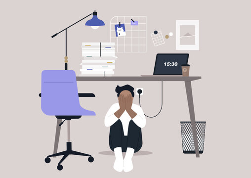 A character experiencing a mental breakdown in their office, crouched beneath their desk, seeking refuge from the overwhelming paperwork and the stress of modern-day competition