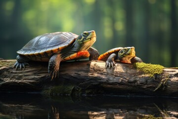two turtles sunbathing on a log together