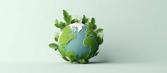 Minimalistic an isolated Earth and green leaves in cartoon style conveying the concept of ecology and the environment - obrazy, fototapety, plakaty