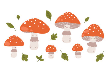 Set of vector illustrations of cute characters of fly agaric mushrooms and leaves. Isolated on white background - 653759363