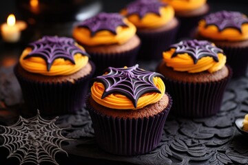 halloween cupcakes with spider & web icing design - Powered by Adobe