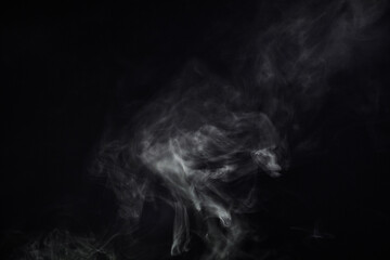 Smoke, black background and mist, fog or gas on mockup space wallpaper. Cloud, smog and magic effect on dark backdrop of steam with abstract texture, pollution pattern or incense vapor moving in air - obrazy, fototapety, plakaty