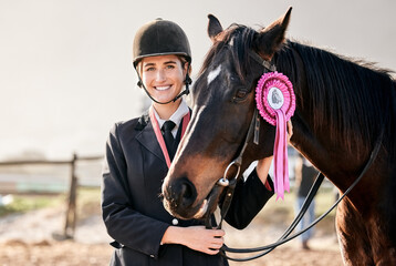 Portrait, equestrian and a woman winner with an animal on a ranch for sports, training or a leisure...