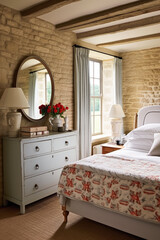Fototapeta premium Antique cottage bedroom decor, interior design and holiday rental, bed with elegant bedding and furniture, English country house style, generative ai