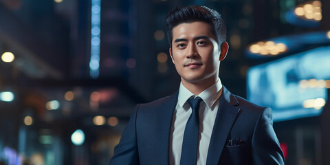Fototapeta premium Asian ethnicity businessman in urban city. Success of professional with copy space. Handsome asian man in suit. Business assistant person in office. Finance employee. Company manager entrepreneur.
