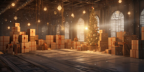 Warm warehouse in Christmas holidays with presents. Boxes of Christmas gift inventory. - obrazy, fototapety, plakaty