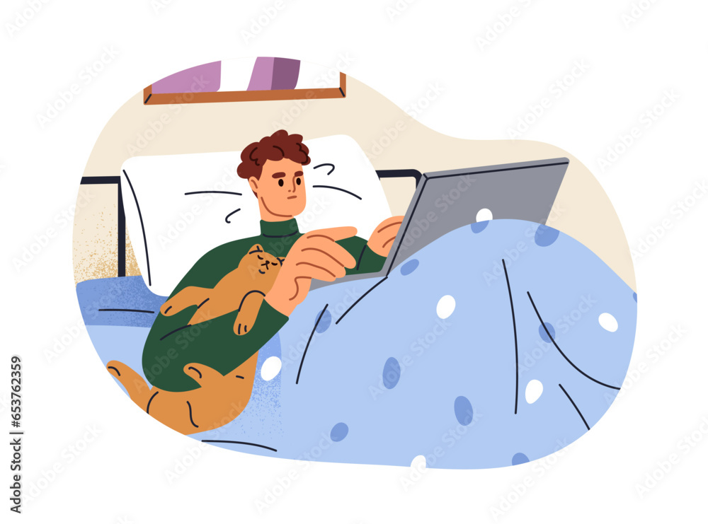 Poster busy man working in bed. overworked person lying with laptop computer late at night time at home. fr