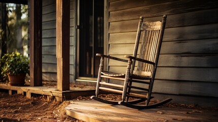 an old-fashioned wooden rocking chair on a front porch, capturing a bygone era