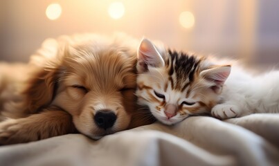 Furry Naptime Bliss: Puppy and Kitten in a Sweet Cuddle