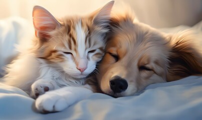Pawsome Duo: Puppy and Kitten Embracing Sweet Dreams Together