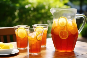 a pitcher full of iced tea on an outdoor table