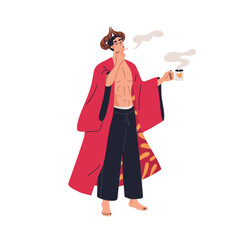 Horned devil, bad sexy man smoking cigarette, drinking coffee. Hot sassy male character, demon. Horny cocky guy in mantle, cloak, naked torso. Flat vector illustration isolated on white background