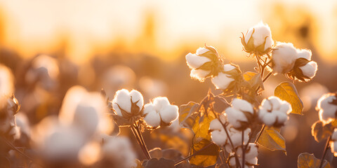 Agriculture Beautiful perfect cotton capsules with blue sky sunset high productivity, close up view of cotton flower - obrazy, fototapety, plakaty