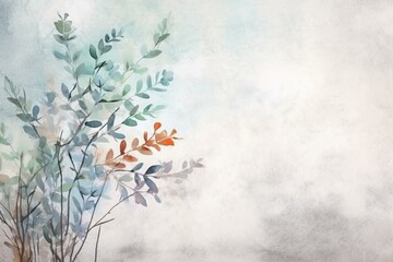 Elegant plant branches on a concrete wall. Watercolor grunge illustration for wallpapers, packaging, mural design in loft style. Generative AI