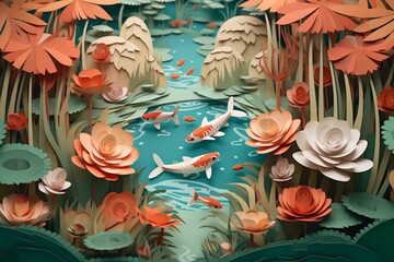 Scenery with Japanese papercut style, featuring lotus and koi fish. Generative AI