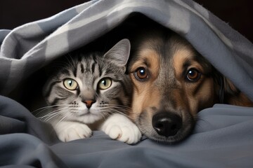 Gray tabby cat and dog laying on the bed under grey blanket together. Home pets, domestic animals. Animal care. Fluffy friends. Love and friendship concept - Powered by Adobe