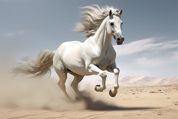 Obraz na płótnie Canvas Magnificent white good footed horse is running in the desert in a hot daytime, Generative AI.