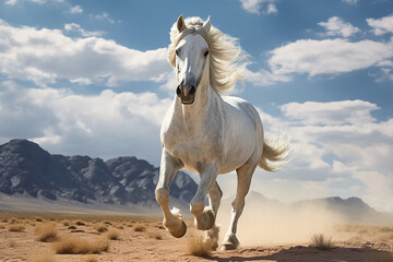 Magnificent white good footed horse is running in the desert in a hot daytime, Generative AI.