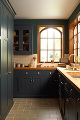 Dark blue country kitchen design, interior decor and house improvement, classic English in frame kitchen cabinets, countertop and applience house, elegant cottage style, generative ai - obrazy, fototapety, plakaty