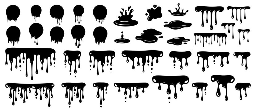 Black dripping ink. Isolated spots of paint. Paint dripping. Dripping liquid. Current paint, stains. Vector illustration. Flowing liquid. Stencil drops. Chocolate drops. Oil drop